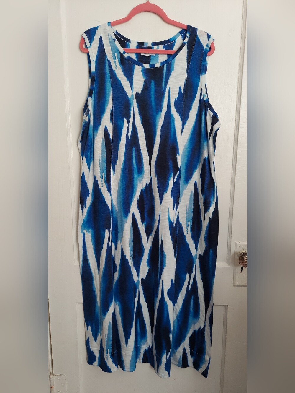 Chico's Midi Dress Womens 3P/16P Blue White Ikat Print Sleeveless Cotton Modal